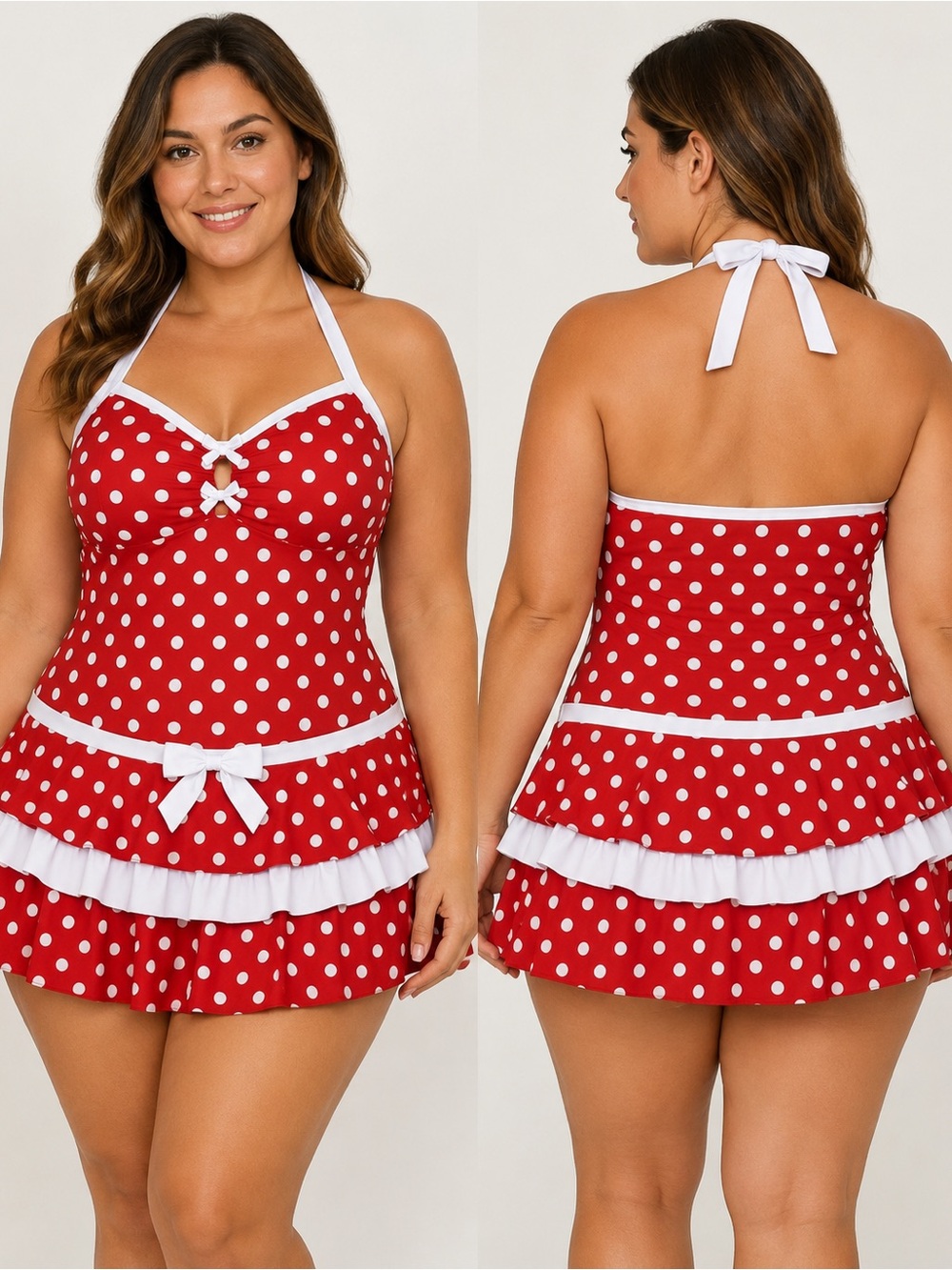 Plus-Size Red Polka Dot Halter Swimdress with White Trim